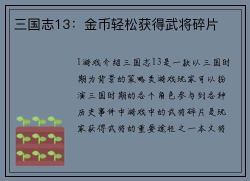 三国志13：金币轻松获得武将碎片